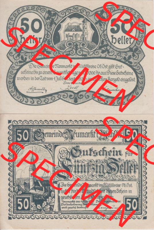 Notgeldscheine Oberösterreich Neumarkt im Mühlkreis 1920, 50 Heller (3). Notgeld Oberösterreich Neumarkt im Mühlkreis, Notgeldscheine aus Oberösterreich... Sammlung
