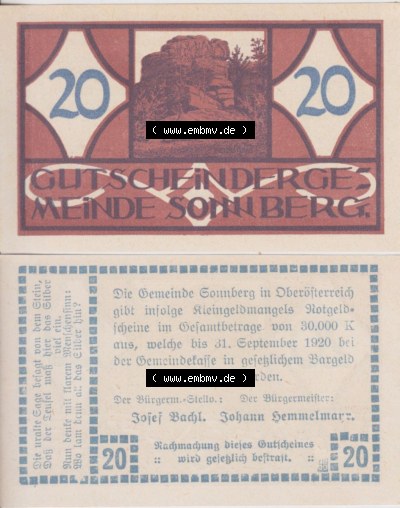 Notgeldscheine Oberösterreich Sonnberg 1920, 20 Heller (3). Notgeld Oberösterreich Sonnberg, Notgeldscheine aus Oberösterreich... Sammlung