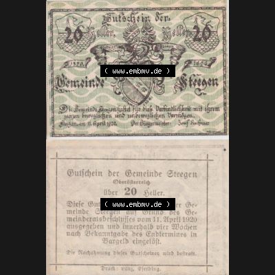 Notgeldscheine Oberösterreich Steegen 20 Heller (3). Notgeld Oberösterreich Steegen, Notgeldscheine aus Oberösterreich im online Katalog für private Sammler,... Sammlung