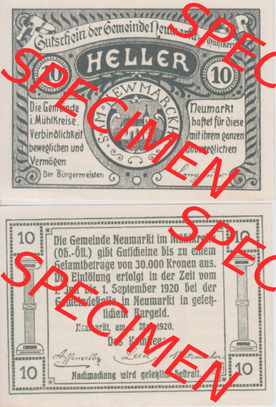 Notgeldscheine Oberösterreich Neumarkt im Mühlkreis 1920, 10 Heller (3). Notgeld Oberösterreich Neumarkt im Mühlkreis, Notgeldscheine aus Oberösterreich... Sammlung