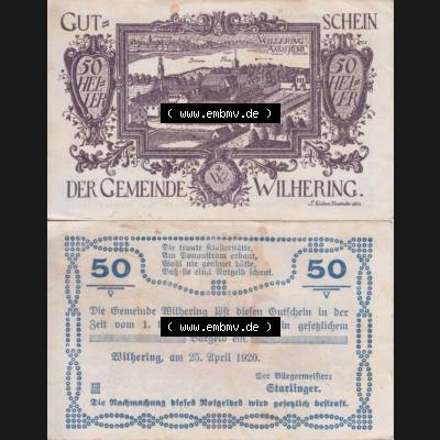 Notgeldscheine Oberösterreich Wilhering, Gemeinde 1920, 50 Heller (3). Notgeld Oberösterreich Wilhering, Gemeinde, Notgeldscheine aus Oberösterreich... Sammlung