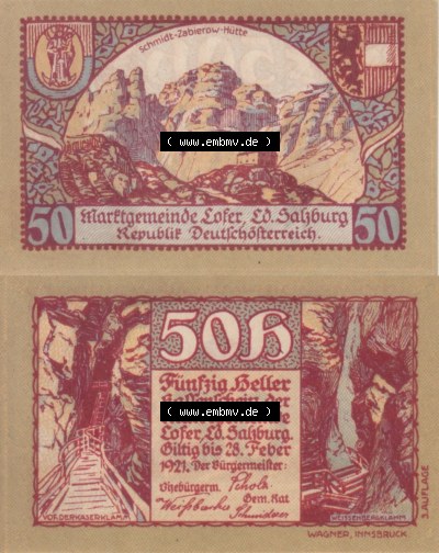 Notgeldscheine Salzburg Lofer, Kassenschein 1921 III, 50 Heller 3. Auflage (3). Notgeld Salzburg Marktgemeinde Lofer, Kassenscheine,... Sammlung
