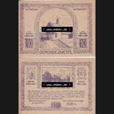 Notgeldscheine Oberösterreich Zwettl Mühlkreis, Gemeinde 1920-1921, 10 Heller violett (3). Notgeld Oberösterreich Gemeinde Zwettl Mühlkreis, Notgeldscheine... Sammlung