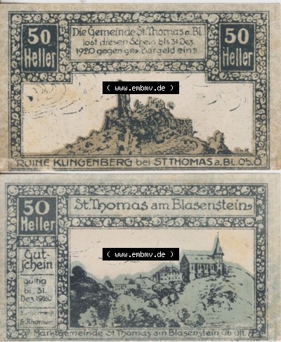 Notgeldscheine Oberösterreich St. Thomas am Blasenstein 50 Heller (3). Notgeld Oberösterreich St. Thomas am Blasenstein, Notgeldscheine... Sammlung