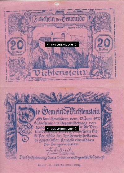 Notgeldscheine Oberösterreich Vichtenstein 1920, 20 Heller (3). Notgeld Oberösterreich Vichtenstein, Notgeldscheine aus Oberösterreich... Sammlung