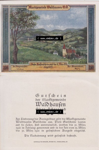 Notgeldscheine Oberösterreich Waldhausen, Marktgemeinde 1921, 80 Heller (3). Notgeld als Gutschein der Oberösterreich Marktgemeinde... Sammlung
