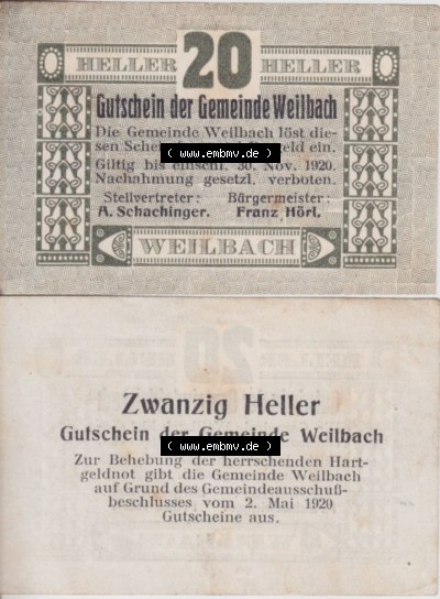 Notgeldscheine Oberösterreich Weilbach, Gemeinde 1920, 20 Heller (3). Notgeld Oberösterreich Weilbach, Gemeinde, Notgeldscheine... Sammlung
