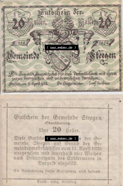 Notgeldscheine Oberösterreich Steegen 20 Heller (3). Notgeld Oberösterreich Steegen, Notgeldscheine aus Oberösterreich im online... Sammlung