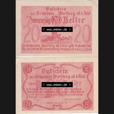 Notgeldscheine Oberösterreich Wartberg ob der Aist 1920-1920, 20 Heller rot (3). Notgeld Oberösterreich Gutschein der Gemeinde Wartberg ob der Aist, Notgeldscheine... Sammlung