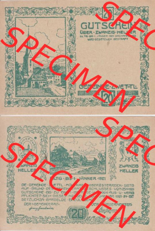 Notgeldscheine Oberösterreich Zwettl Mühlkreis, Gemeinde 1920-1921, 20 Heller grün (3). Notgeld Oberösterreich Gemeinde Zwettl Mühlkreis, Notgeldscheine... Sammlung