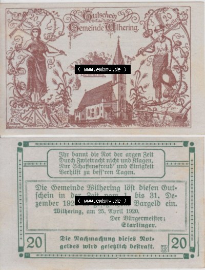 Notgeldscheine Oberösterreich Wilhering, Gemeinde 1920, 20 Heller (3). Notgeld Oberösterreich Wilhering, Gemeinde, Notgeldscheine... Sammlung