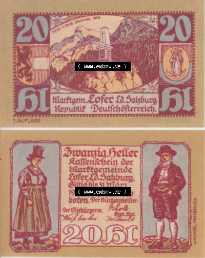Notgeldscheine Salzburg Lofer, Kassenschein 1921 II, 20 Heller 2. Auflage (3). Notgeld Salzburg Marktgemeinde Lofer, Kassenscheine,... Sammlung