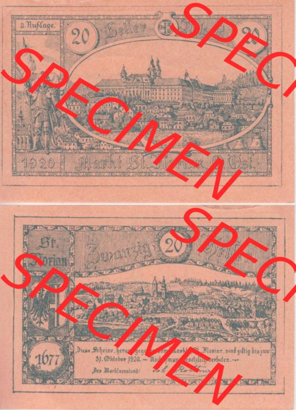 Notgeldscheine Oberösterreich St. Florian 1920, 3. Auflage 20 Heller (3). Notgeld Oberösterreich St. Florian, Notgeldscheine aus Oberösterreich... Sammlung