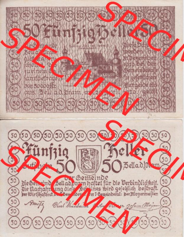 Notgeldscheine Oberösterreich Zell an der Pram, Gemeinde 1920, 50 Heller (3). Notgeld Oberösterreich Gemeinde Zell an der Pram, Notgeldscheine aus Oberösterreich... Sammlung