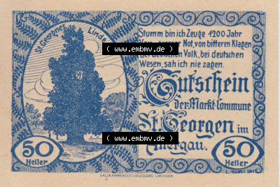 Notgeldscheine Oberösterreich St. Georgen 1920, 50 Heller II. (1). Notgeld Oberösterreich St. Georgen, Notgeldscheine aus Oberösterreich... Sammlung