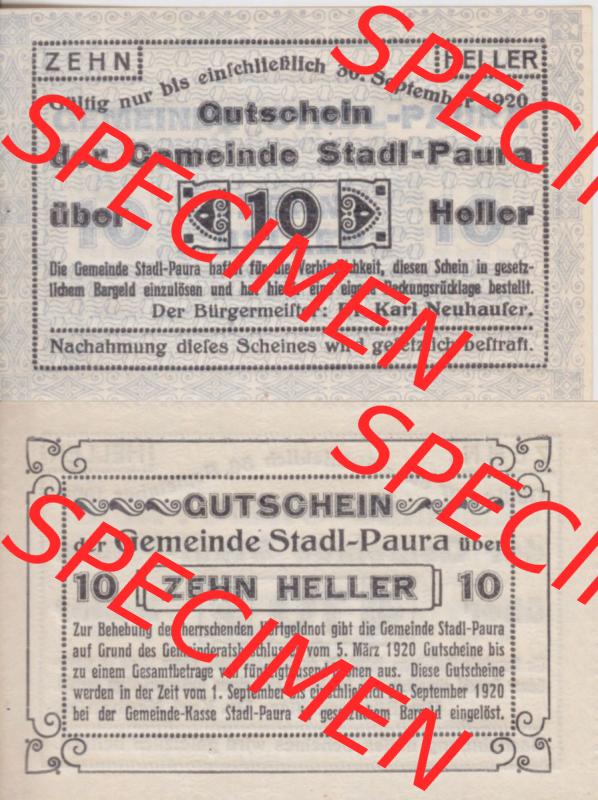 Notgeldscheine Oberösterreich Stadl-Paura 1920, I 10 Heller (3). Notgeld Oberösterreich Stadl-Paura, Notgeldscheine aus Oberösterreich im online Katalog für... Sammlung
