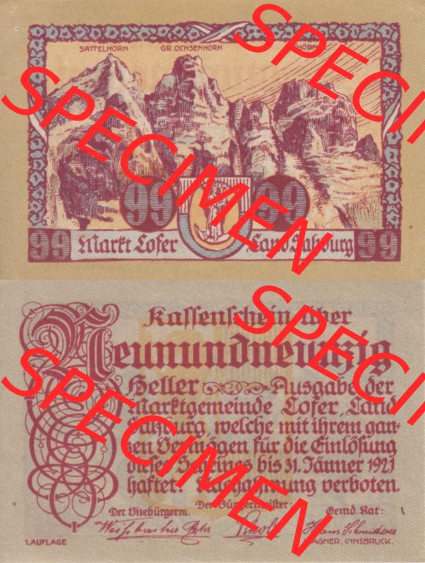 Notgeldscheine Salzburg Lofer, Kassenschein 1921 I, 99 Heller 1. Auflage (3). Notgeld Salzburg Marktgemeinde Lofer, Kassenscheine, Notgeldscheine aus Salzburg... Sammlung