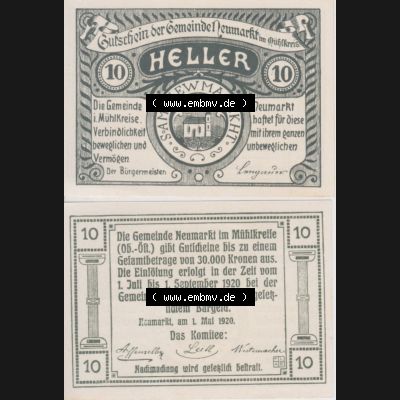 Notgeldscheine Oberösterreich Neumarkt im Mühlkreis 1920, 10 Heller (3). Notgeld Oberösterreich Neumarkt im Mühlkreis, Notgeldscheine aus Oberösterreich... Sammlung
