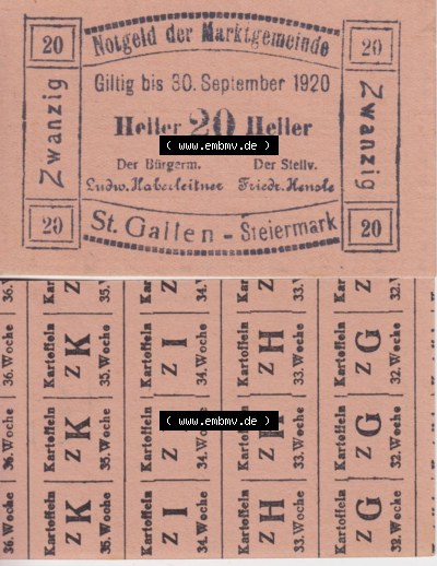 Notgeldscheine Steiermark St. Gallen, Marktgemeinde 1920, 20 Heller (3). Notgeldscheine Marktgemeinde Steiermark St. Gallen, Notgeldscheine... Sammlung