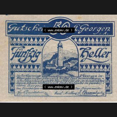 Notgeldscheine Oberösterreich St. Georgen 1920, 50 Heller I. (1). Notgeld Oberösterreich St. Georgen, Notgeldscheine aus Oberösterreich... Sammlung