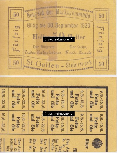 Notgeldscheine Steiermark St. Gallen, Marktgemeinde 1920, 50 Heller (3). Notgeldscheine Marktgemeinde Steiermark St. Gallen, Notgeldscheine... Sammlung