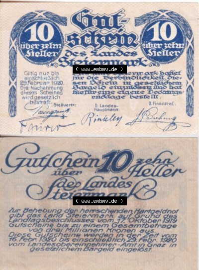 Notgeldscheine Steiermark-Bundesland 1920, 10 Heller (3). Notgeld Steiermark-Land / übergreifendes Bundesland Steiermark, Notgeldscheine... Sammlung