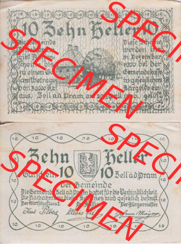 Notgeldscheine Oberösterreich Zell an der Pram, Gemeinde 1920, 10 Heller (3). Notgeld Oberösterreich Gemeinde Zell an der Pram, Notgeldscheine aus Oberösterreich... Sammlung