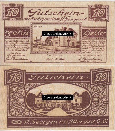 Notgeldscheine Oberösterreich St. Georgen 1920, 10 Heller I. (3). Notgeld Oberösterreich St. Georgen, Notgeldscheine aus Oberösterreich... Sammlung