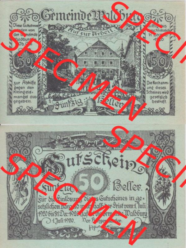 Notgeldscheine Oberösterreich Waldburg, Gemeinde 1920, 50 Heller (3). Notgeld Oberösterreich Gemeinde Waldburg, Notgeldscheine aus Oberösterreich im online... Sammlung