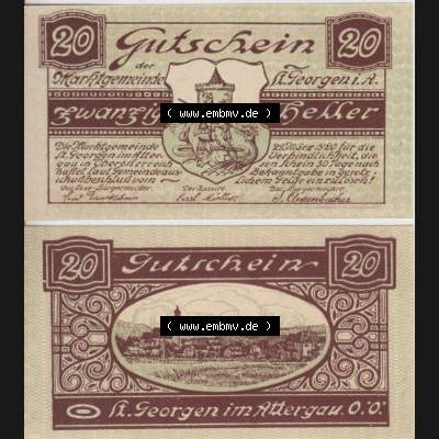 Notgeldscheine Oberösterreich St. Georgen 1920, 20 Heller III. (3). Notgeld Oberösterreich St. Georgen, Notgeldscheine aus Oberösterreich... Sammlung