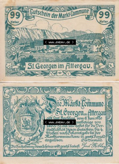 Notgeldscheine Oberösterreich St. Georgen 1920, 99 Heller I. (3). Notgeld Oberösterreich St. Georgen, Notgeldscheine aus Oberösterreich... Sammlung