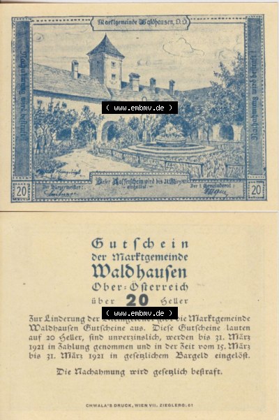 Notgeldscheine Oberösterreich Waldhausen, Marktgemeinde 1921, 20 Heller (3). Notgeld als Gutschein der Oberösterreich Marktgemeinde... Sammlung