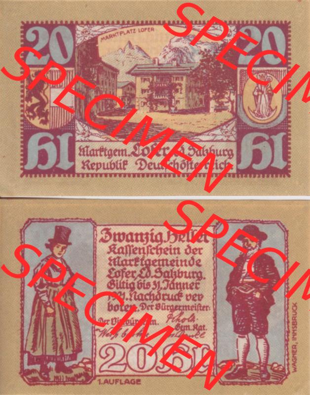 Notgeldscheine Salzburg Lofer, Kassenschein 1921 I, 20 Heller 1. Auflage (3). Notgeld Salzburg Marktgemeinde Lofer, Kassenscheine, Notgeldscheine aus Salzburg... Sammlung