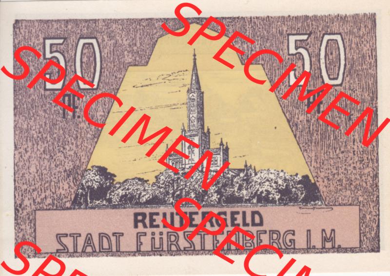 Deutsches Reich Reutergeld Fürstenberg 50 Pfennig, das Digitale Bild mit der Vorderseite vom hier gezeigten Reutergeld-Notgeld aus Fürstenberg steht im online Katalog zum katalogisieren... Sammlung