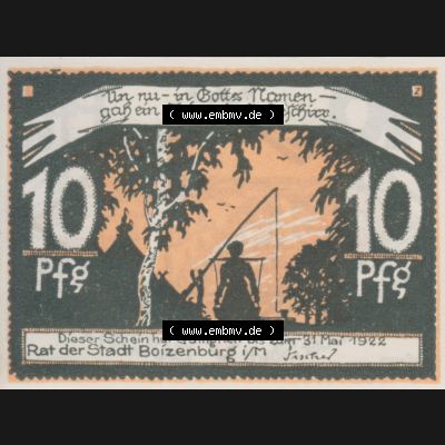 Deutsches Reich Boizenburg 10 Pfennig, das Digitale Bild mit der Vorderseite vom hier gezeigten Reutergeld-Notgeld steht im online Katalog zum katalogisieren und kategorisieren der eigenen Notgeld-Sammlung... Sammlung