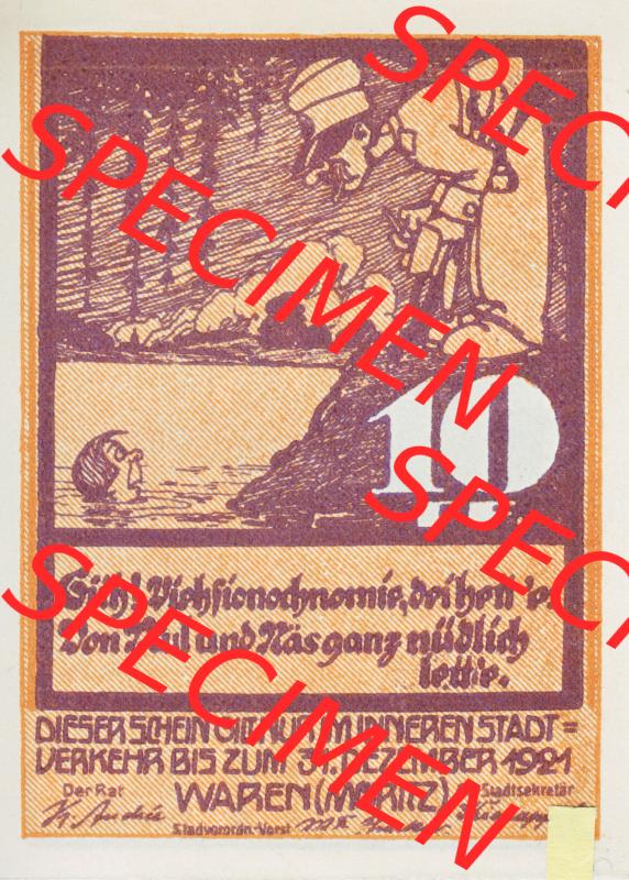 Deutsches Reich Reutergeld Waren 10 Pfennig, das Digitale Bild mit der Rückseite vom hier gezeigten Reutergeld-Notgeldschein aus Waren steht im online Katalog zum Sammeln zur Verfügung. Sammlung