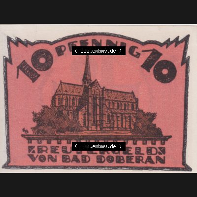 Deutsches Reich Reutergeld Bad Doberan 10 Pfennig, das Digitale Bild mit der Vorderseite vom hier gezeigten Reutergeld-Notgeld steht im online Katalog zum katalogisieren und kategorisieren der eigenen... Sammlung