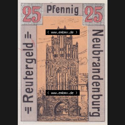 Deutsches Reich Reutergeld Neubrandenburg 25 Pfennig, das Digitale Bild mit der Vorderseite vom hier gezeigten Reutergeld-Notgeld aus Stadt Neubrandenburg steht im online Katalog zum katalogisieren... Sammlung