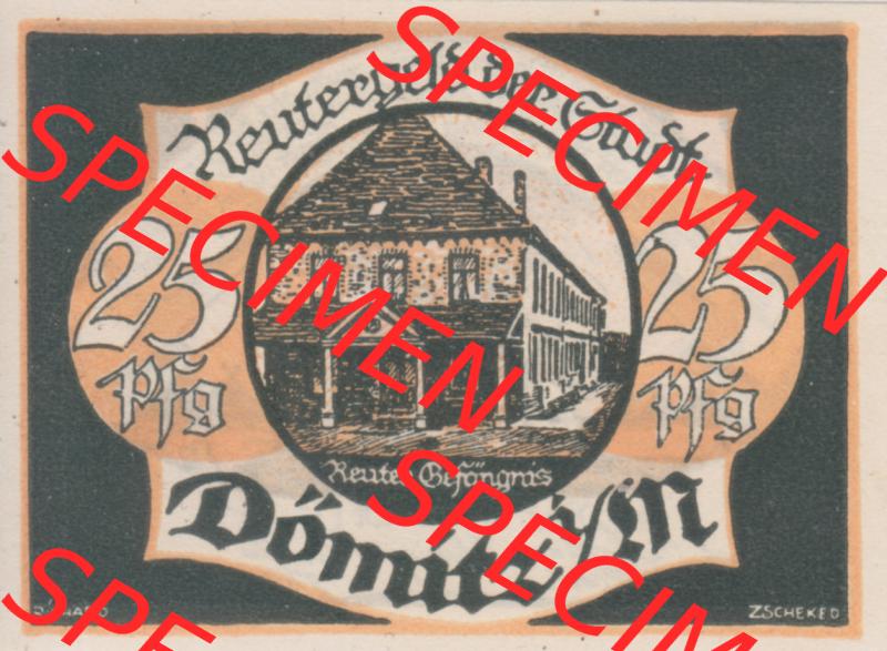 Deutsches Reich Reutergeld Dömitz 25 Pfennig, das Digitale Bild mit der Vorderseite vom hier gezeigten Reutergeld-Notgeld aus Dömitz steht im online Katalog zum katalogisieren und kategorisieren... Sammlung