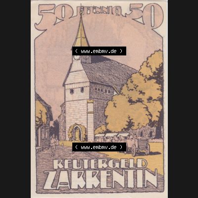 Deutsches Reich Reutergeld Zarrentin 50 Pfennig, das Digitale Bild mit der Vorderseite vom hier gezeigten Reutergeld-Notgeld aus Zarrentin steht im online Katalog zum katalogisieren und kategorisieren... Sammlung