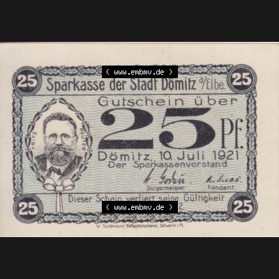 Deutsches Reich Reutergeld Dömitz Fritz Reuter 25 Pfennig, das Digitale Bild mit der Vorderseite vom hier gezeigten Reutergeld-Notgeld aus Dömitz steht im online Katalog zum katalogisieren... Sammlung