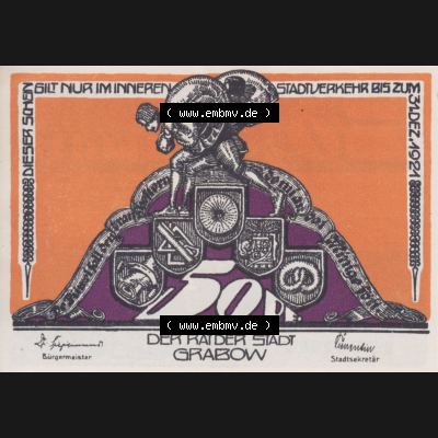 Deutsches Reich Reutergeld Grabow 50 Pfennig, das Digitale Bild mit der Vorderseite vom hier gezeigten Reutergeld-Notgeld aus Grabow steht im online Katalog zum katalogisieren und kategorisieren... Sammlung