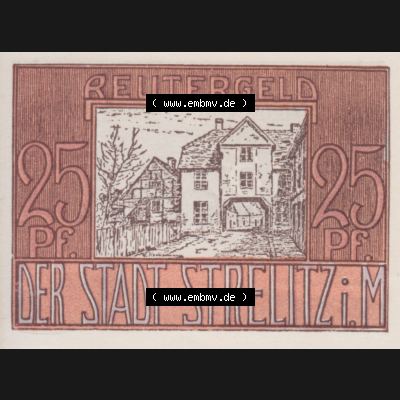 Deutsches Reich Reutergeld Strelitz 25 Pfennig, das Digitale Bild mit der Vorderseite vom hier gezeigten Reutergeld-Notgeld aus Stadt Strelitz steht im online Katalog zum katalogisieren und kategorisieren... Sammlung