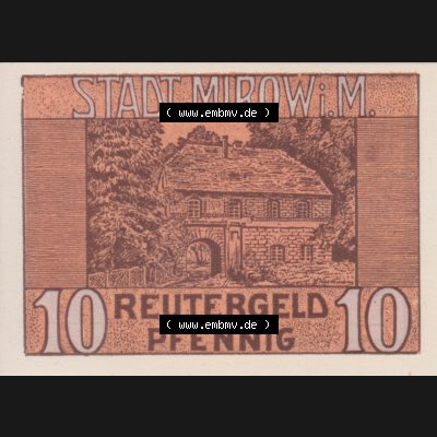 Deutsches Reich Reutergeld Mirow 10 Pfennig, das Digitale Bild mit der Vorderseite vom hier gezeigten Reutergeld-Notgeld aus Stadt Mirow i. M. steht im online Katalog zum katalogisieren... Sammlung