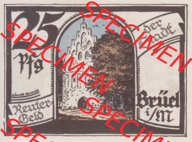 Deutsches Reich Reutergeld Brüel 25 Pfennig, das Digitale Bild mit der Vorderseite vom hier gezeigten Reutergeld-Notgeld steht im online Katalog zum katalogisieren und kategorisieren der eigenen... Sammlung