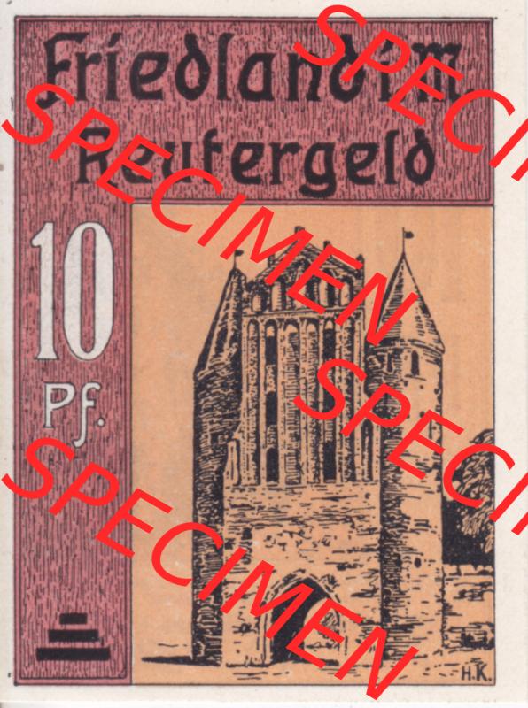 Deutsches Reich Reutergeld Friedland 10 Pfennig, das Digitale Bild mit der Vorderseite vom hier gezeigten Reutergeld-Notgeld aus Friedland steht im online Katalog zum katalogisieren und kategorisieren... Sammlung