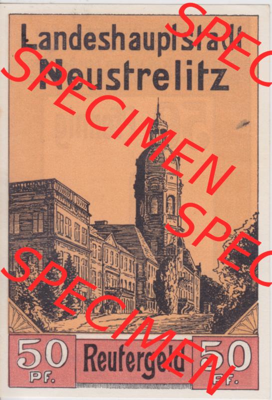 Deutsches Reich Reutergeld Neustrelitz 50 Pfennig, das Digitale Bild mit der Vorderseite vom hier gezeigten Reutergeld-Notgeld aus Landeshauptstadt Neustrelitz steht im online Katalog zum katalogisieren... Sammlung