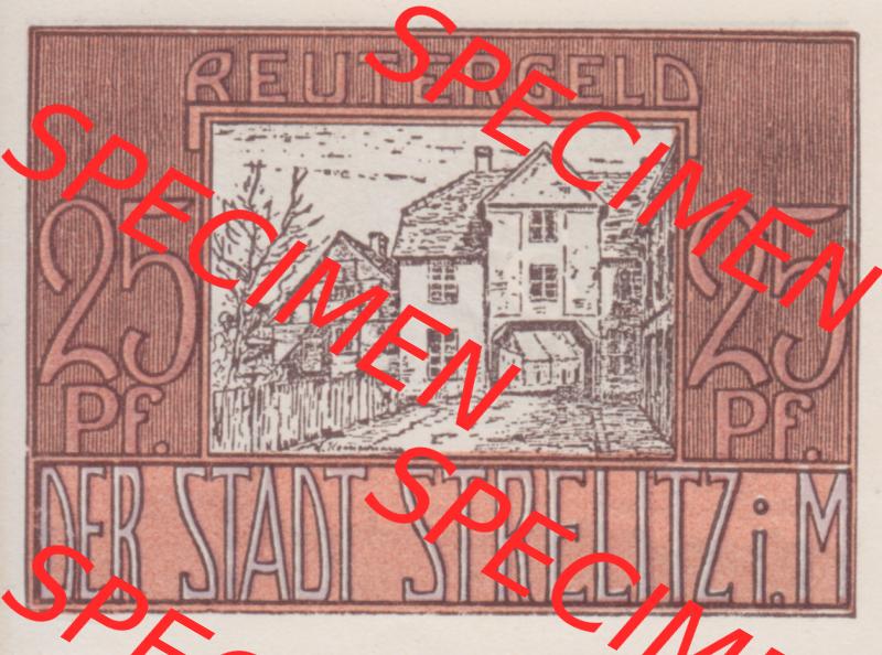 Deutsches Reich Reutergeld Strelitz 25 Pfennig, das Digitale Bild mit der Vorderseite vom hier gezeigten Reutergeld-Notgeld aus Stadt Strelitz steht im online Katalog zum katalogisieren und kategorisieren... Sammlung