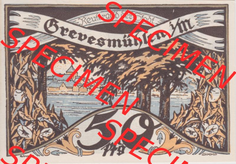 Deutsches Reich Reutergeld Grevesmühlen 50 Pfennig, das Digitale Bild mit der Vorderseite vom hier gezeigten Reutergeld-Notgeld aus Grevesmühlen steht im online Katalog zum katalogisieren... Sammlung
