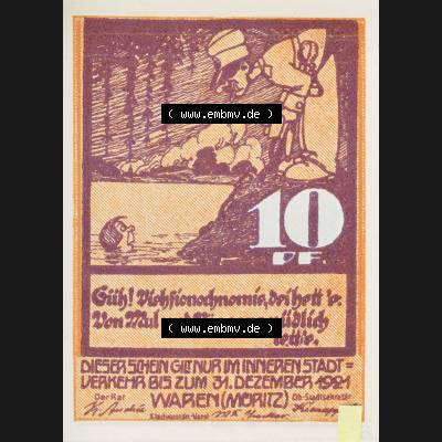 Deutsches Reich Reutergeld Waren 10 Pfennig, das Digitale Bild mit der Rückseite vom hier gezeigten Reutergeld-Notgeldschein aus Waren steht im online Katalog zum Sammeln zur Verfügung. Sammlung